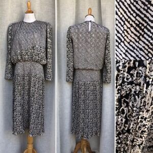 Patty O'Neil long sleeve micro pleat midi dress drop waist line 1980